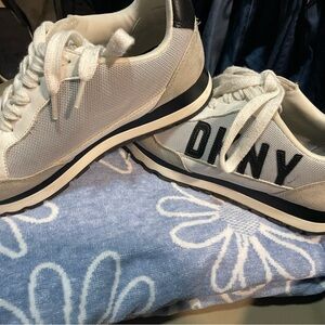 DKNY Beige and White Mesh Lace-Up Sneakers with Black Logo